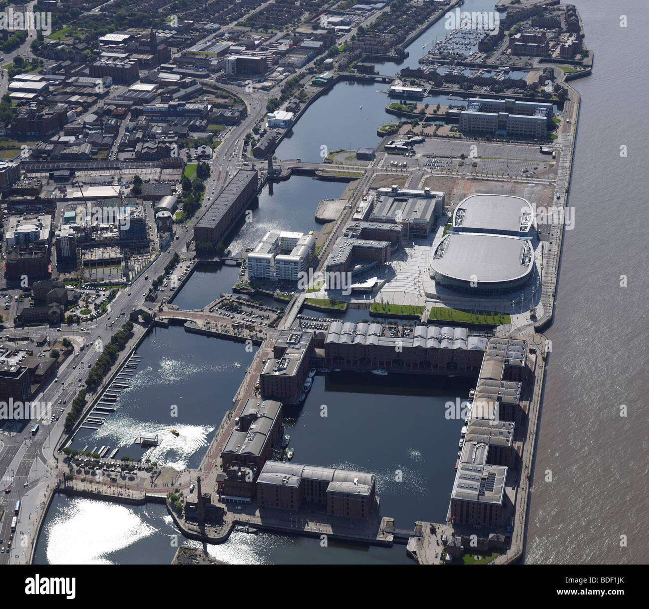 Aerial view of Albert Docks and Arena, Liverpool, North West England, Summer 2009 Stock Photo