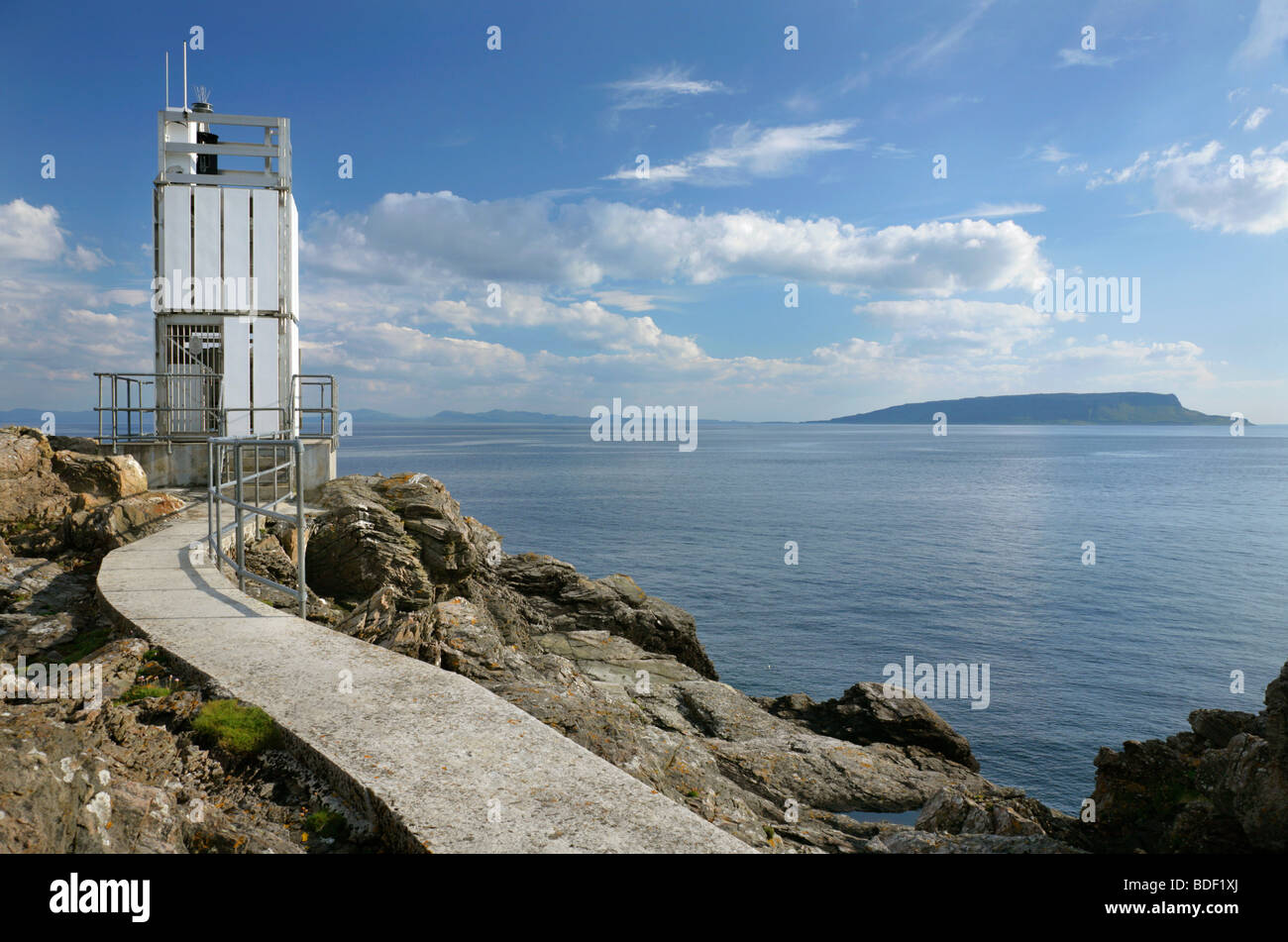 Point of Sleat Lighthouse and the Isle of Canna, Isle of Skye, Scotland. Stock Photo