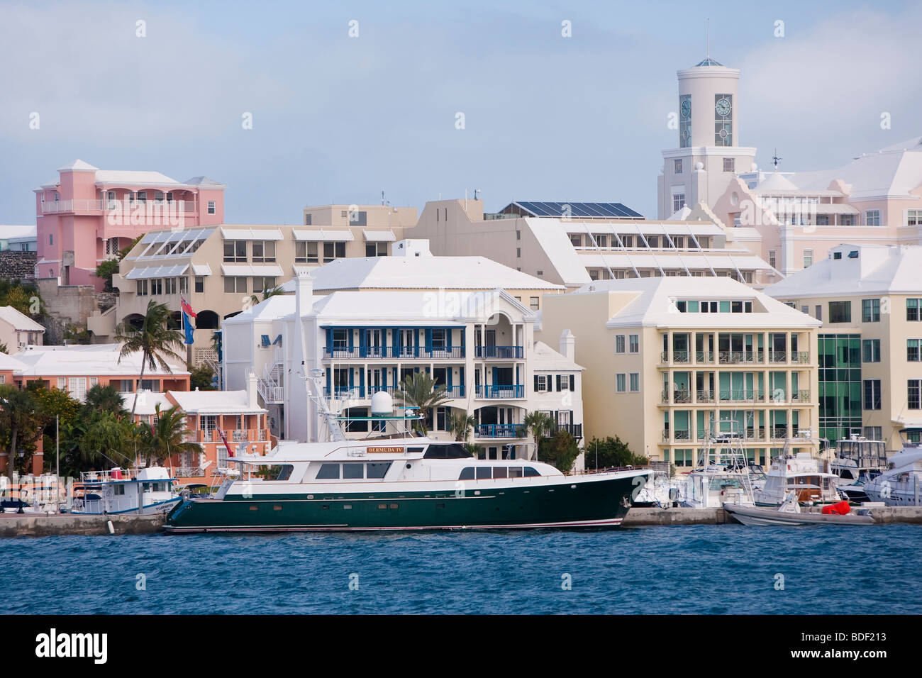 Bermuda, Atlantic Ocean, Hamilton, Luxury office buildings lining Hamilton harbour Stock Photo