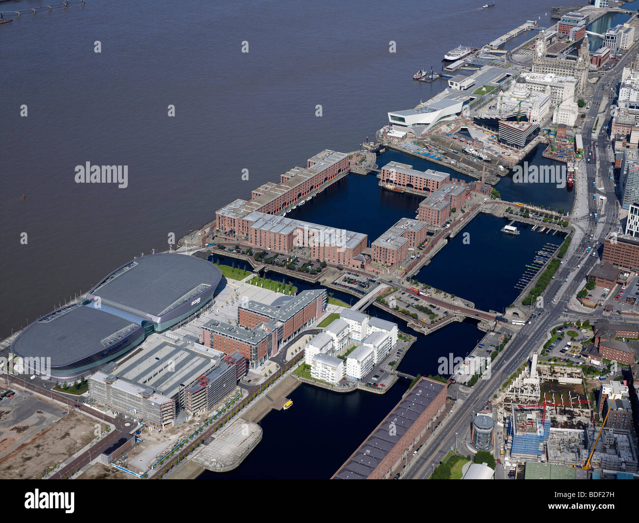 Aerial view of Liverpool Arena and Albert Docks, North West England, Summer 2009 Stock Photo
