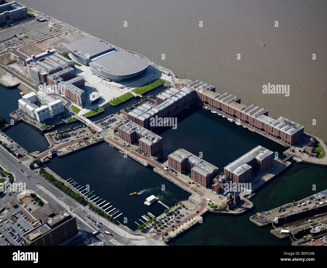 Aerial view of Albert Docks and Arena,Liverpool, North West England, Summer 2009 Stock Photo
