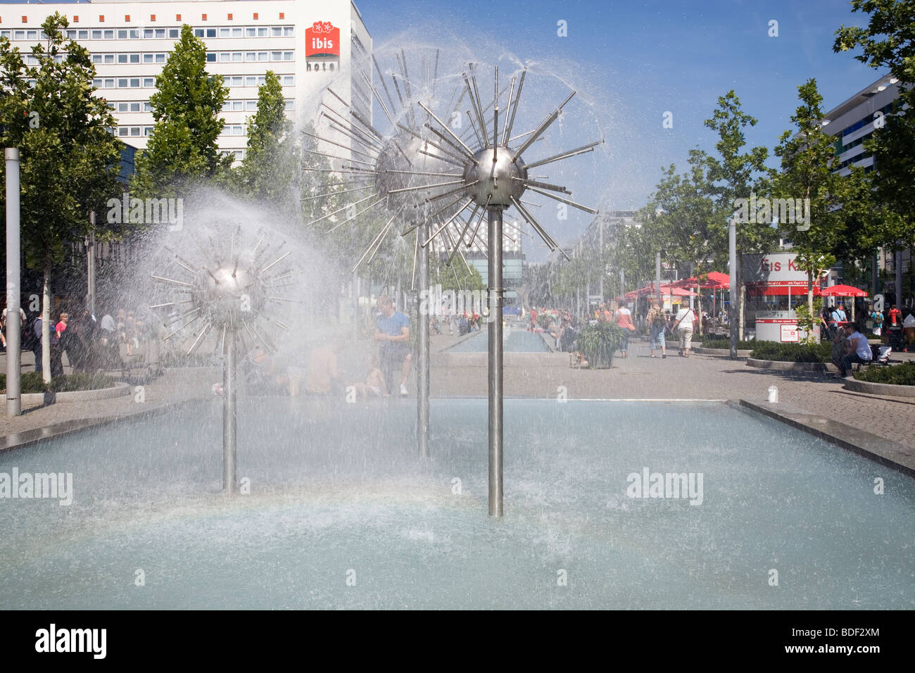 Prager Strasse with fountains, Dresden, Saxony, Germany Stock Photo