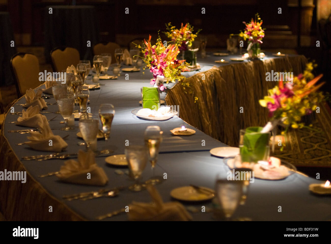 A table setting at a wedding reception. Stock Photo