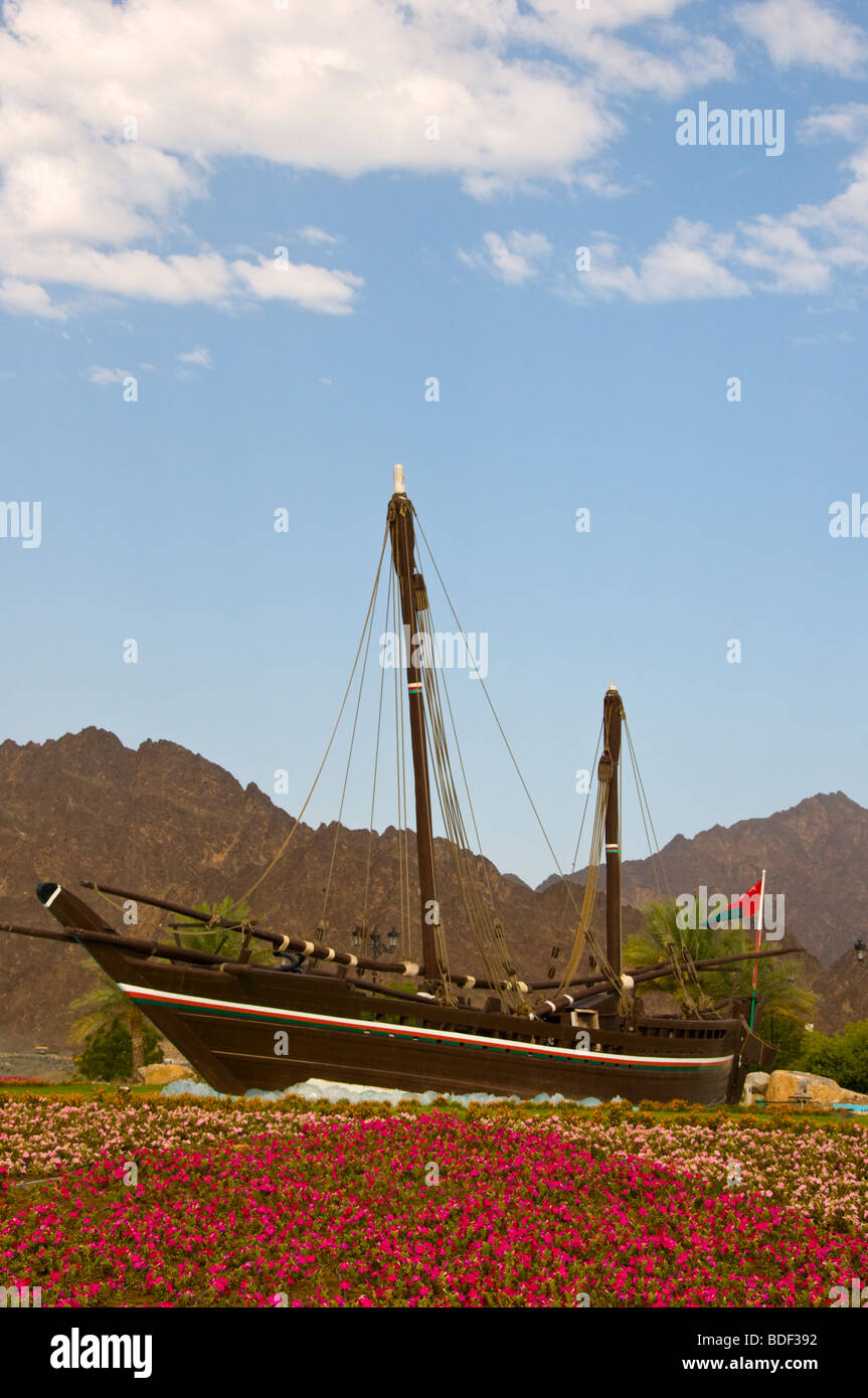 Famous Sohar Boat  that belonged to an Omani seafarer Ahmed bin Majid at The Al Bustan Roundabout Muscat Oman Stock Photo