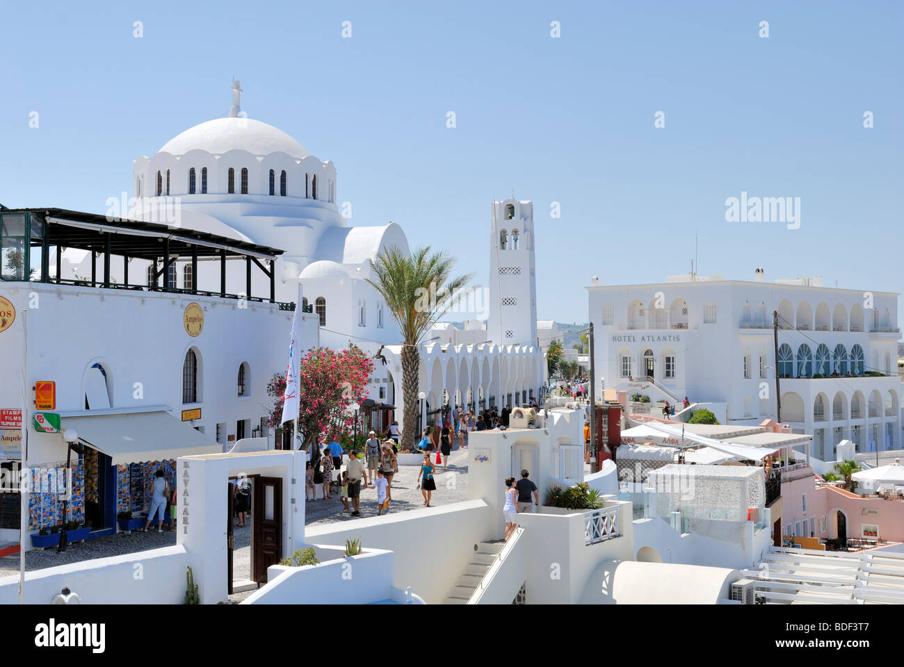 A fine view to the south along Ypapantis street, on our left is the Orthodox Cathedral of Santorini and on our right is the ... Stock Photo