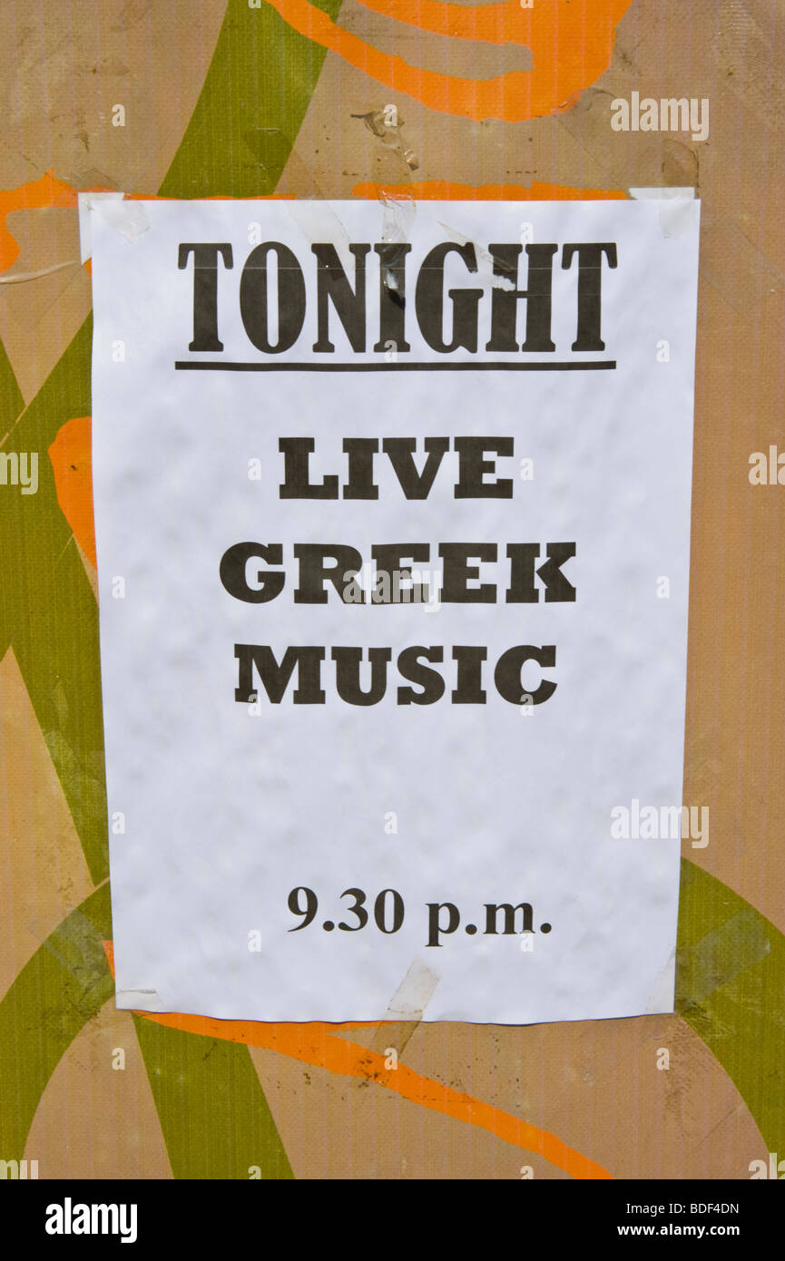 Poster advertising Greek music night at Katelios on the Greek island of Kefalonia Greece GR Stock Photo