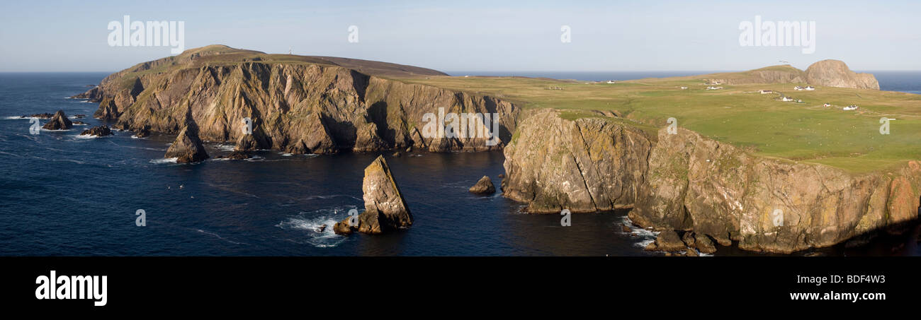 Panorama f crofts and west cliffs of Fair Isle, Shetland, UK Stock Photo