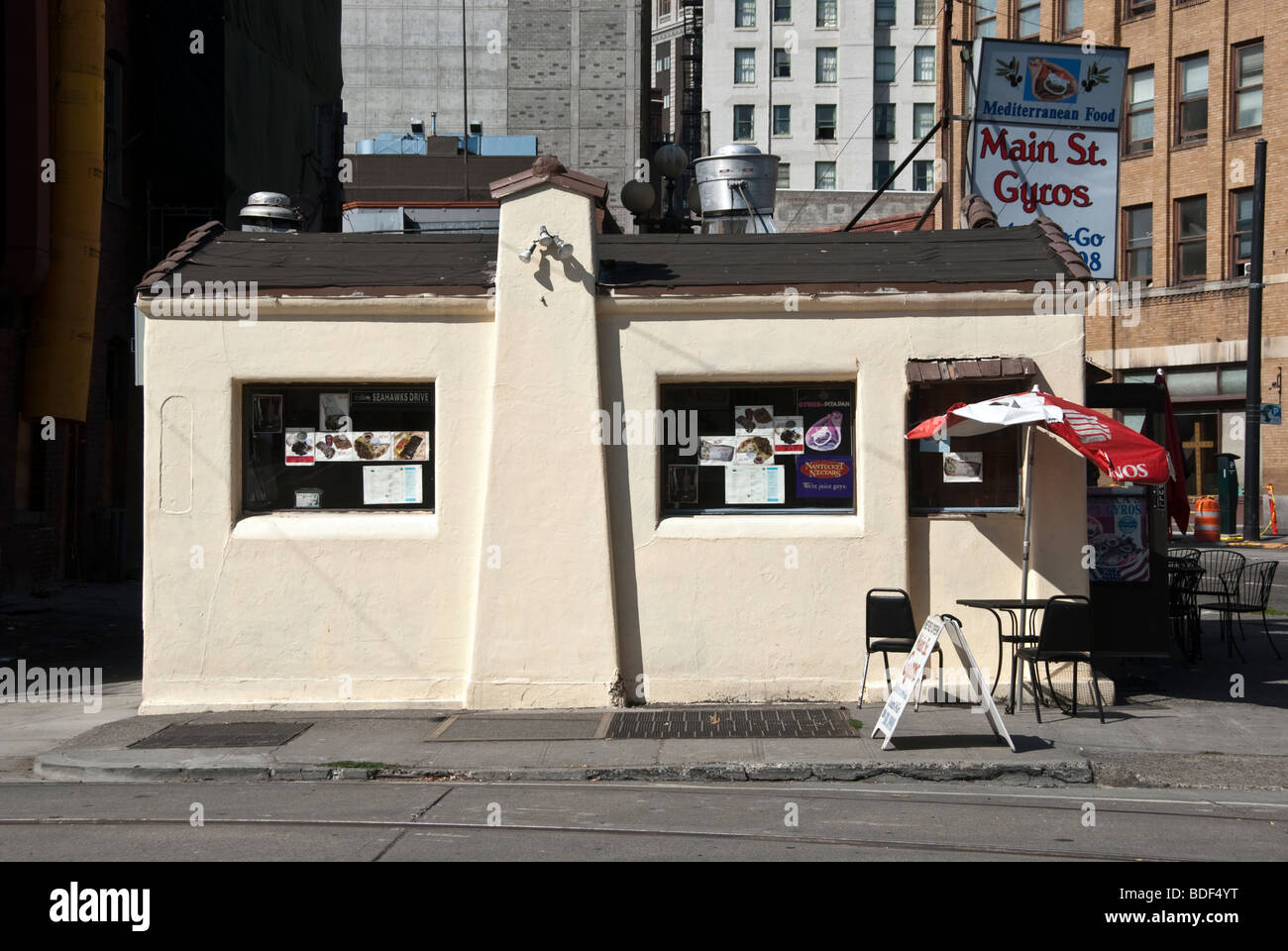 Gyros Building a small modest trim stucco building with a big sign proclaiming Gyros ...