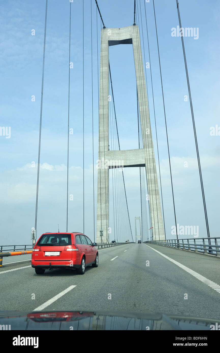 Traffic on the great belt bridge in Denmark Stock Photo