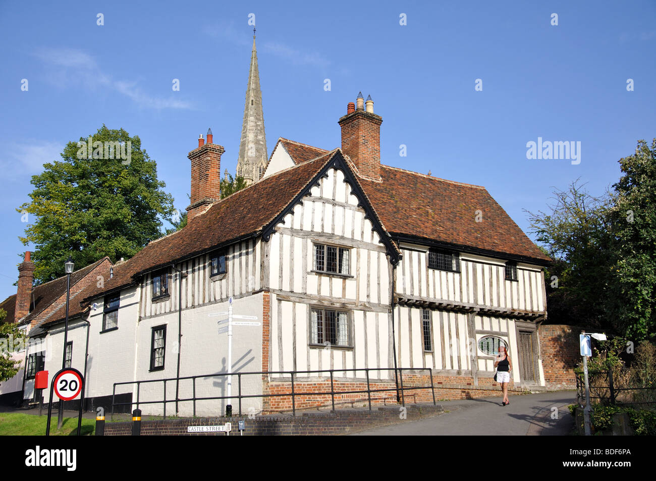 Tudor Buildings on corner of High and Castle Streets, Saffron Walden, Essex, England, United Kingdom Stock Photo