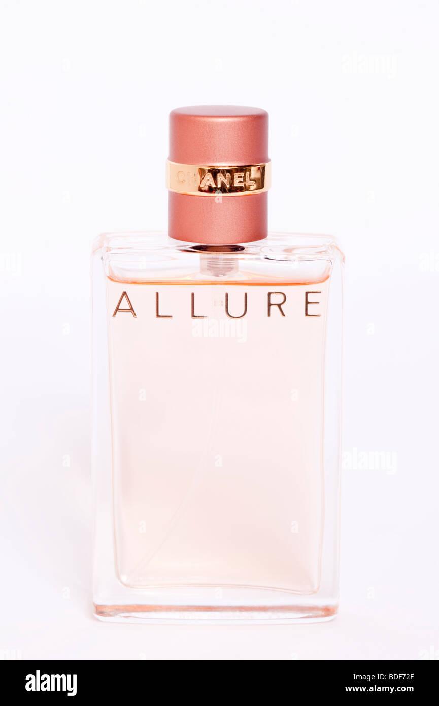 A close up of a bottle of Chanel Allure perfume on a white background Stock Photo