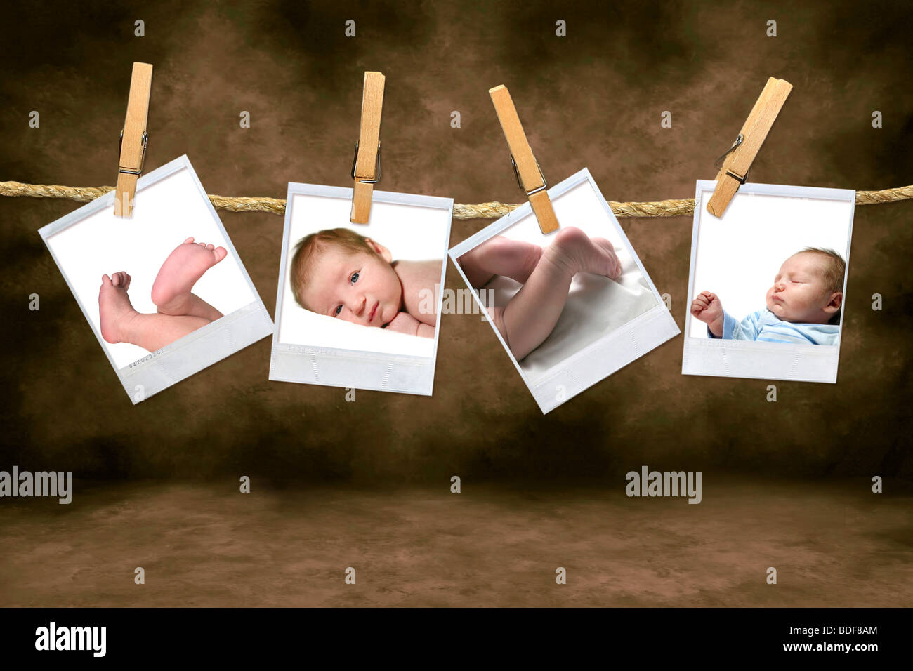 Color Photographs of a Baby Boy Hanging on a Rope Stock Photo