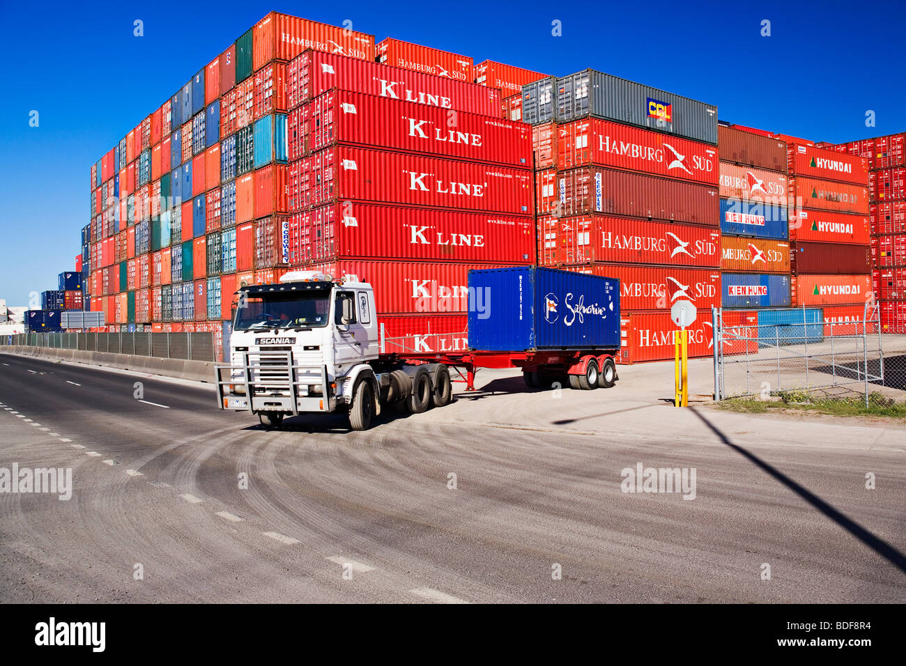 A Semi Trailer Truck Hauls A Container From A Port Container Depot The Port Of Melbourne Victoria Australia Stock Photo Alamy