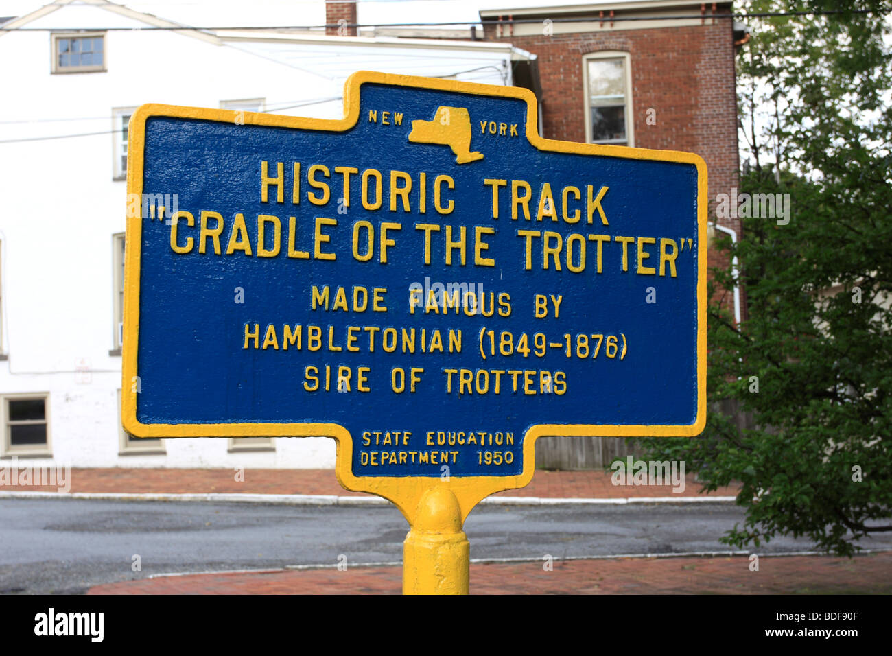 Historic marker at site of Historic Track, the oldest horse harness racing track in the USA, Goshen, NY Stock Photo