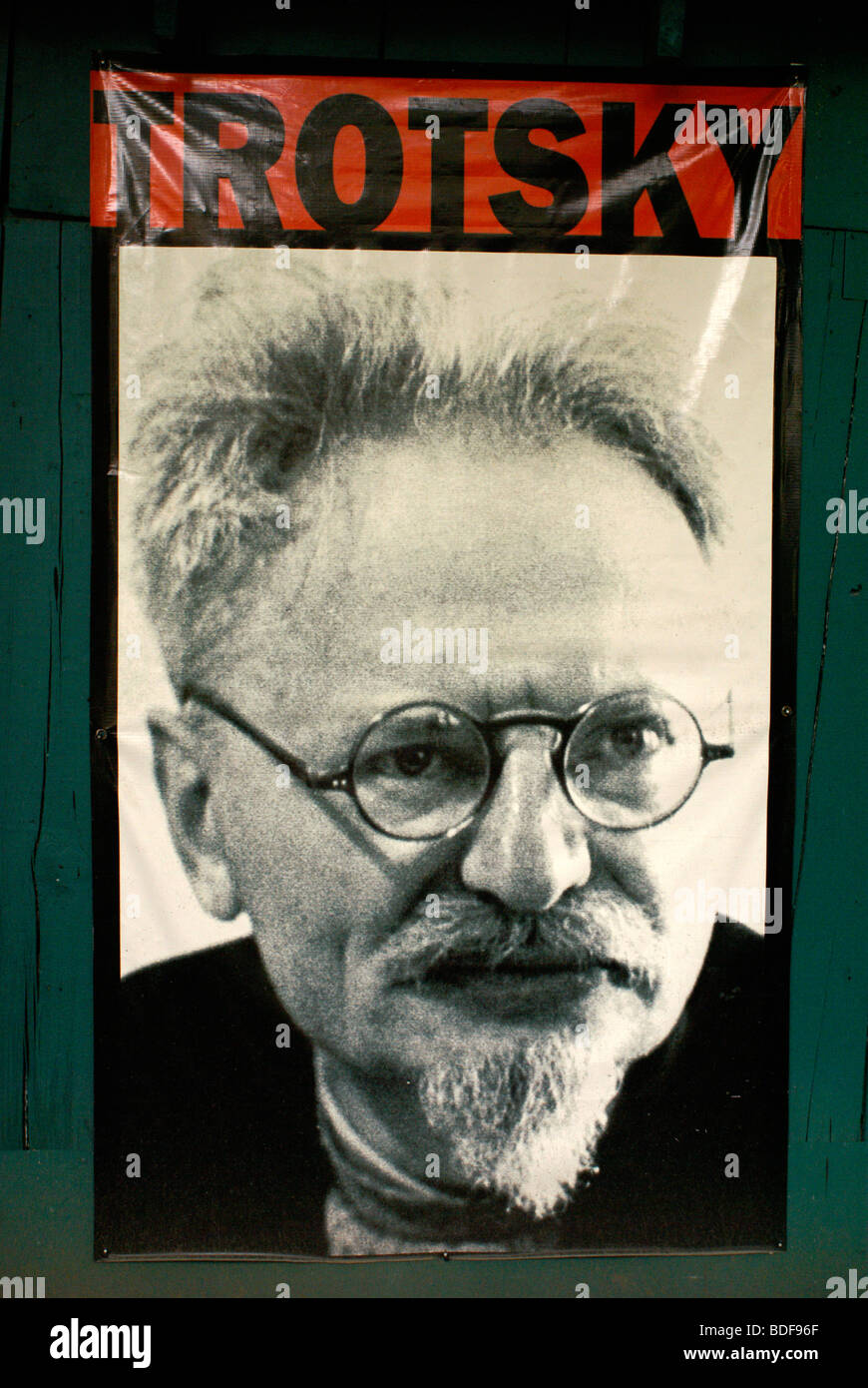 Photograph poster of Leon Trotsky in the Museo Casa de Leon Trotsky or Leon Trotsky House Museum in Coyoacan, Mexico City Stock Photo