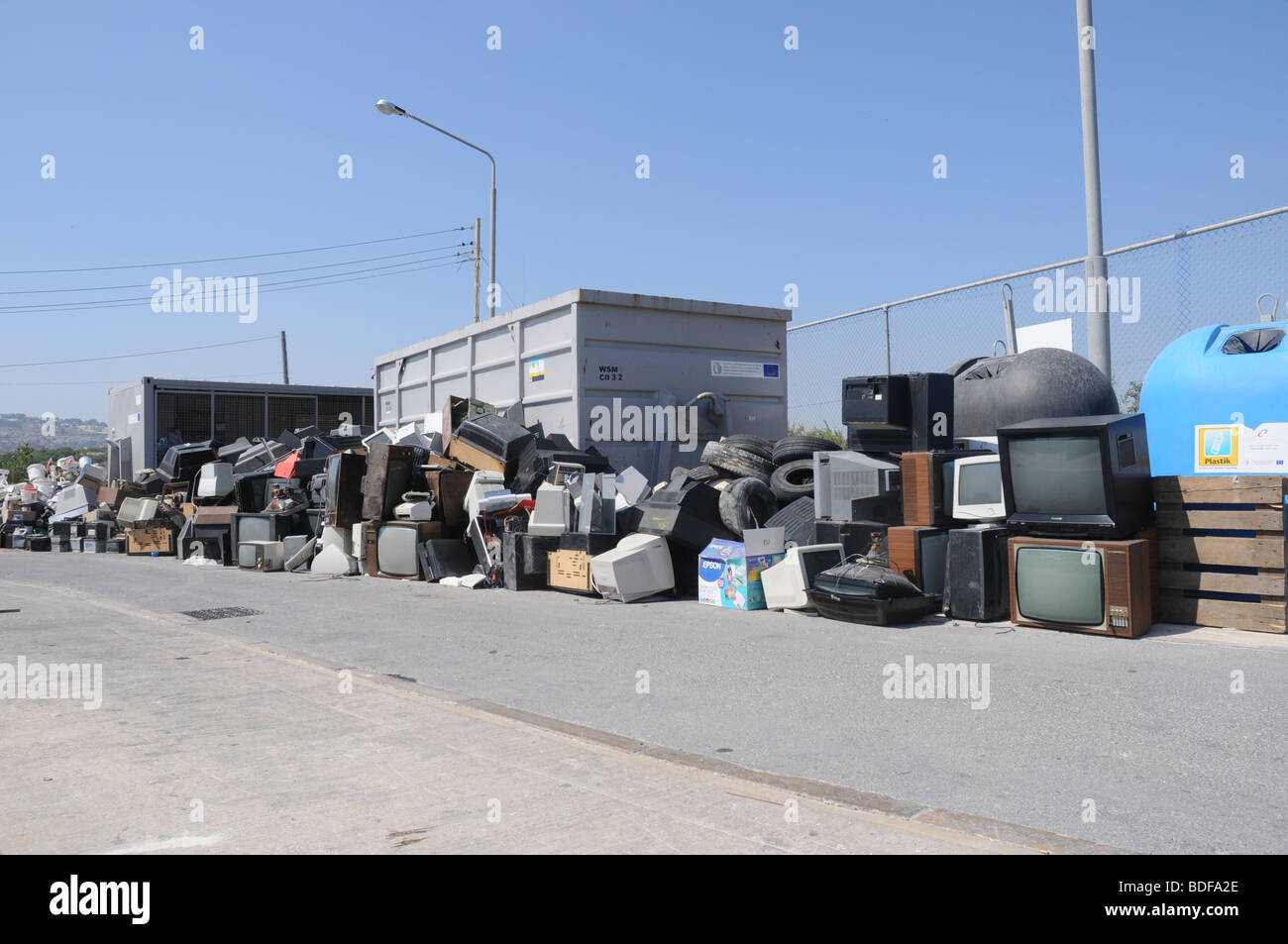 A section in a civic amenity site where used tyres and electrical appliances are disposed for recycling. Stock Photo