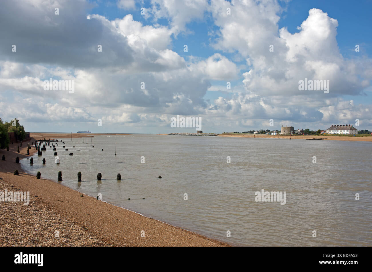 Looking towards the North Sea beside the river Deben estuary at Bawdsey Ferry, with the hamlet Suffolk, UK. Stock Photo