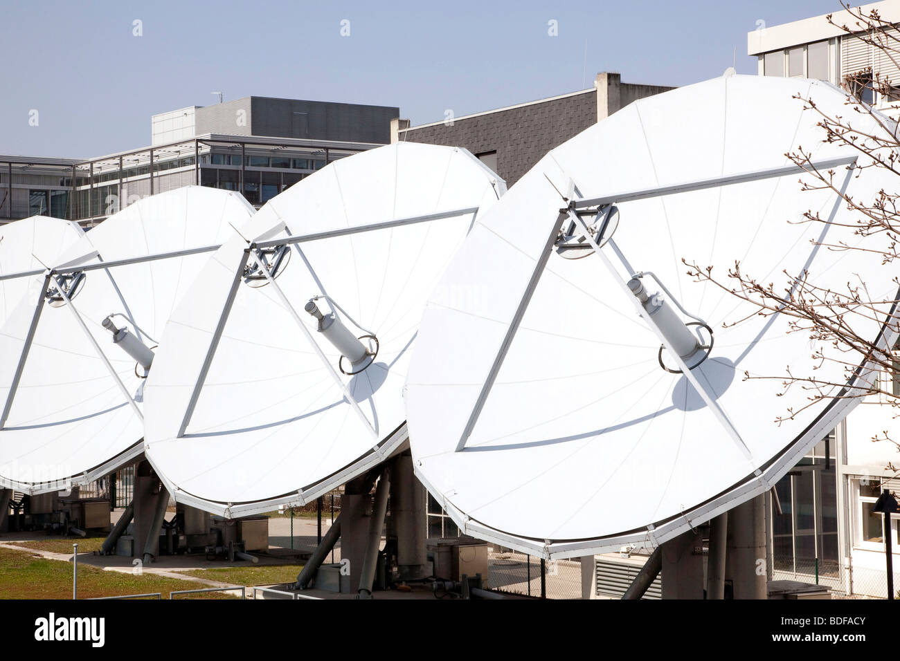 Kabel Deutschland company, satellite dishes in Unterfoehring near Munich, Bavaria, Germany, Europe Stock Photo