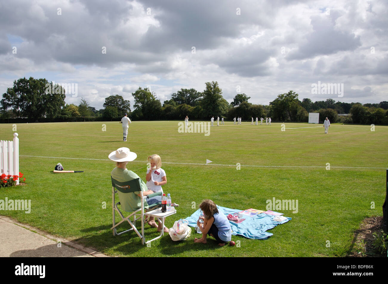 Cricket Match, Locks Ride Playing Field, Winkfield, Berkshire, England, United Kingdom Stock Photo