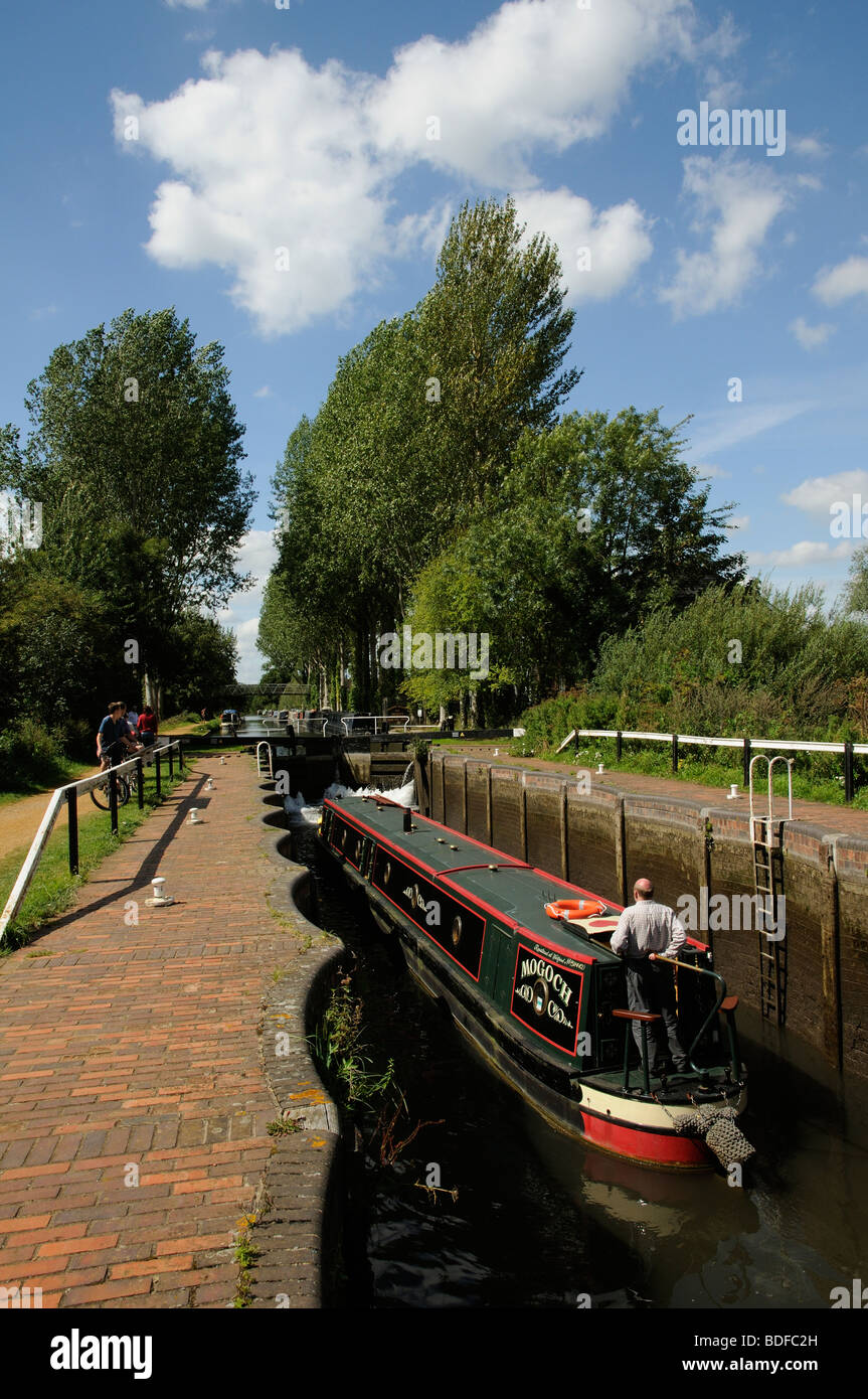 Kennet & Avon Canal narrowboat entering lock at Aldermaston Wharf Berkshire England UK Stock Photo
