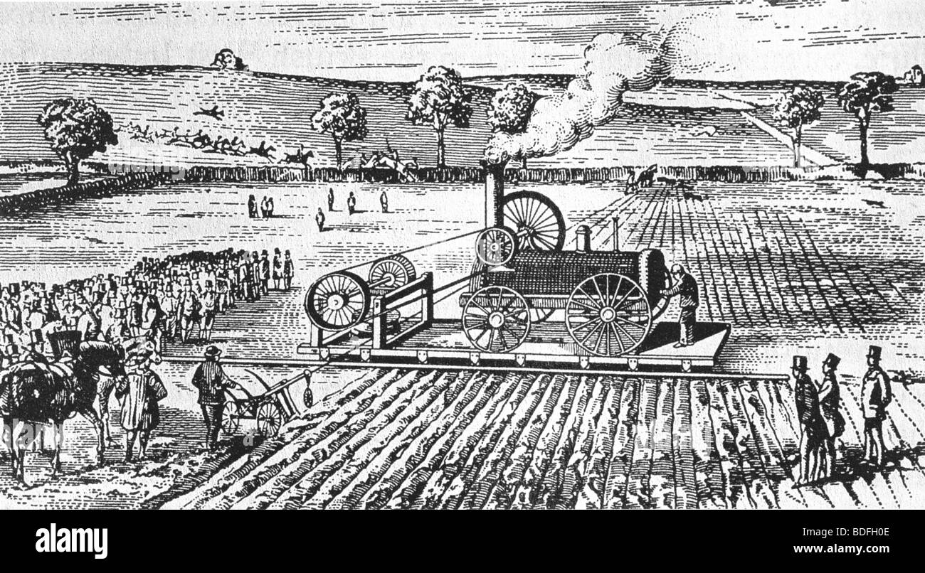 JOHN FOWLER demonstrates his 'steam cultivator' which won a £500 prize at the Chester Show in 1858 Stock Photo