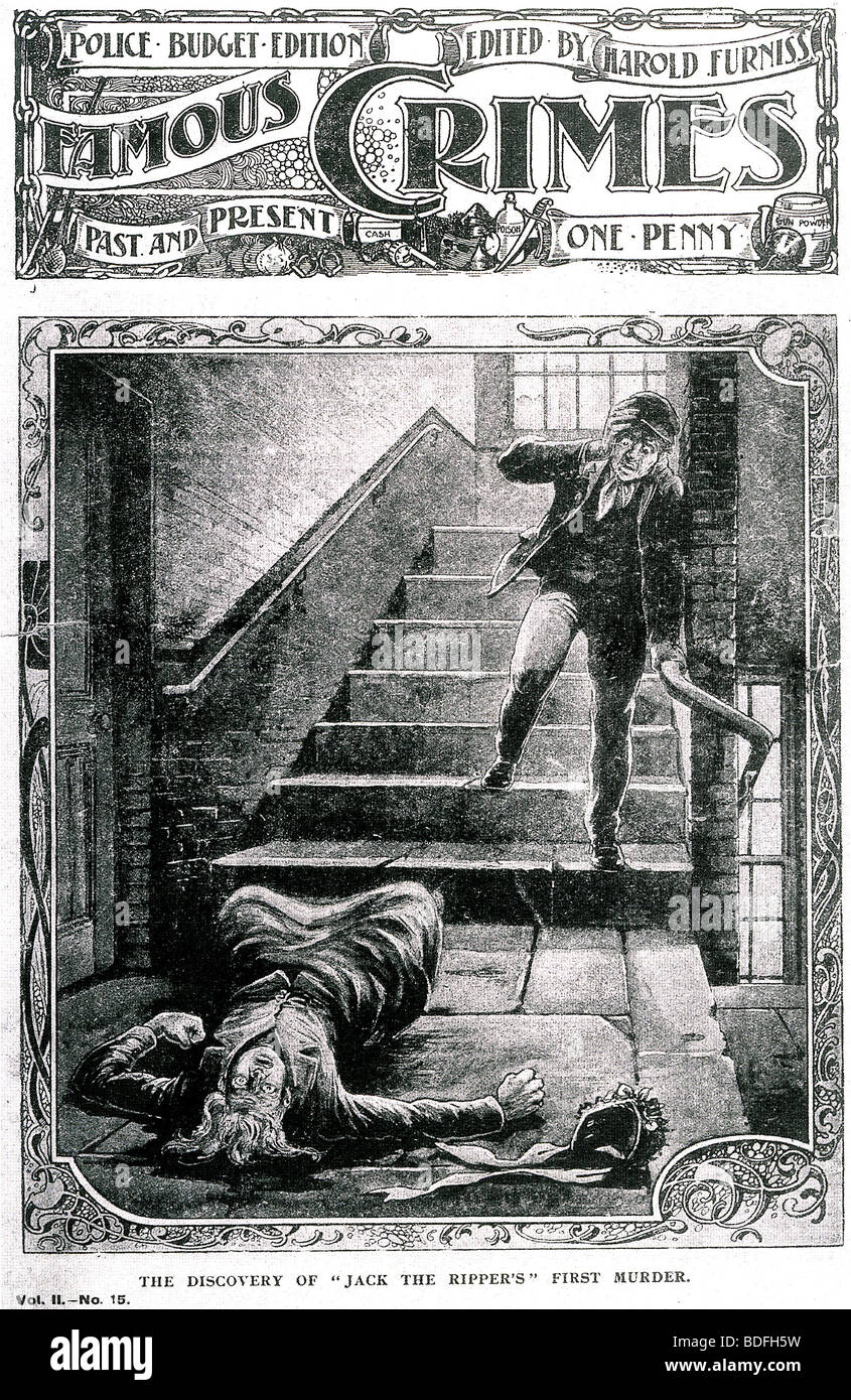 JACK THE RIPPER  The Famous Crimes magazine shows the discovery of  the first victim Stock Photo