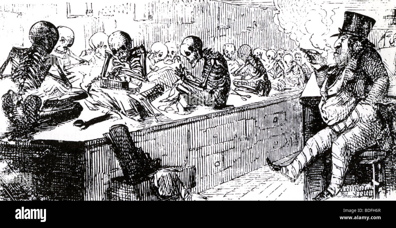 VICTORIAN FACTORY - Cartoon satirising the sweat-shops where clothing was mass produced in conditions of great hardship. Stock Photo