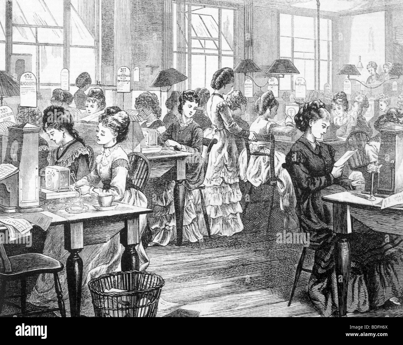 THE ELECTRIC TELEGRAPH COMPANY championed the employment of women operators at its London offices as seen in this 1870 engraving Stock Photo