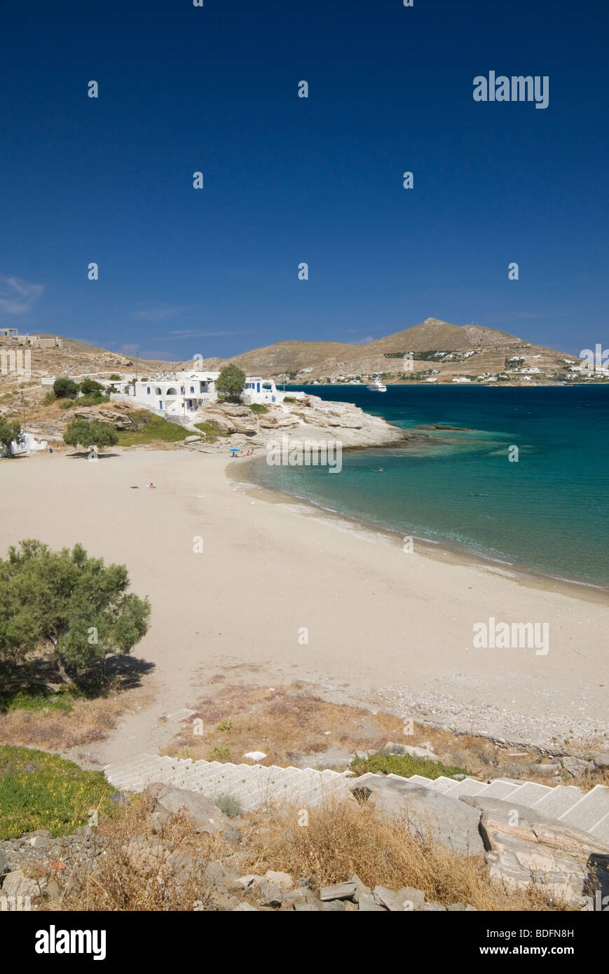 Steps down to Piperi Beach near Naoussa, Paros Island, Greece Stock Photo