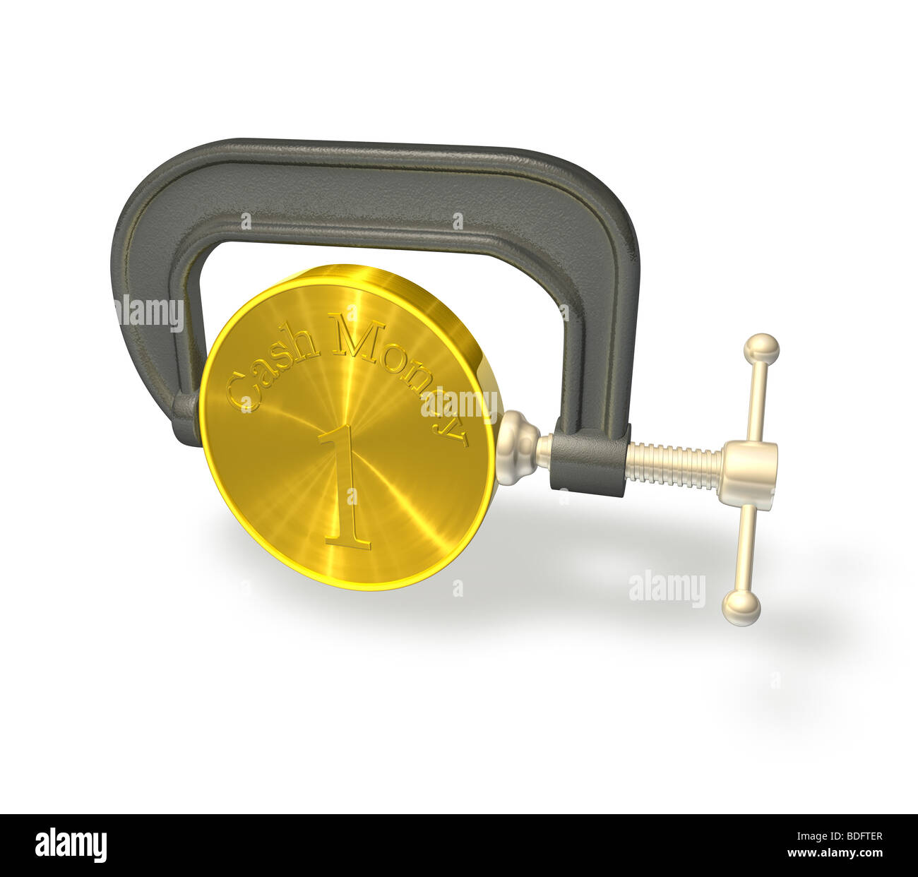 3d render illustration of a clamp or vice squeezing a coin to represent the credit crunch. Stock Photo