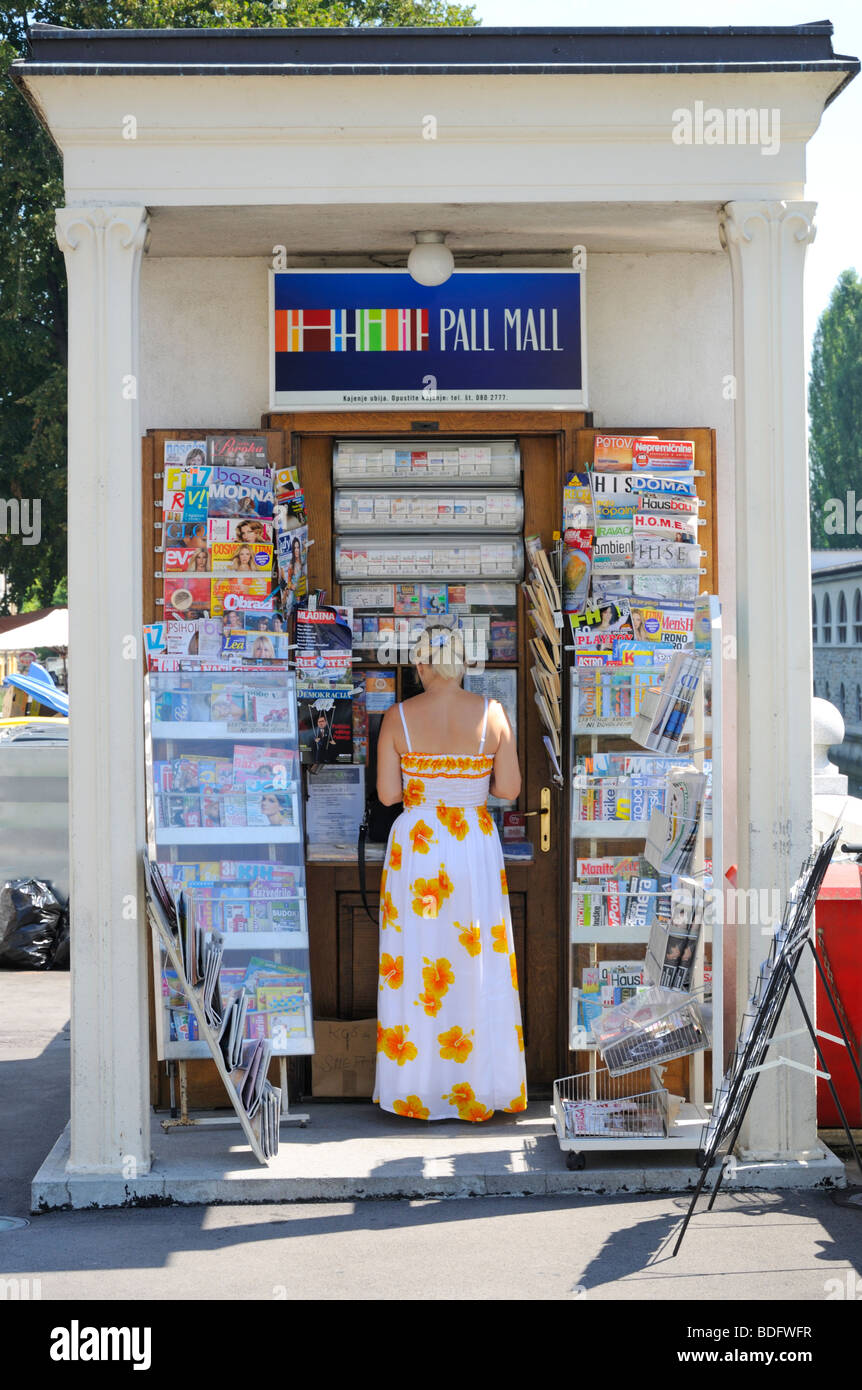 Ljubljana, Slovenia. Woman at Newspaper stand in Presernov trg (Preseren Square) Stock Photo