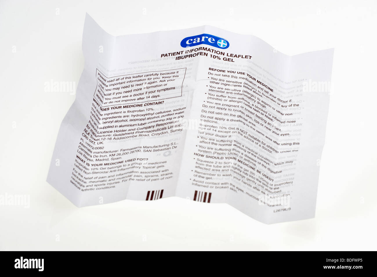 "Patient instruction" leaflet on the usage of Ibuprofen 10 gel Stock