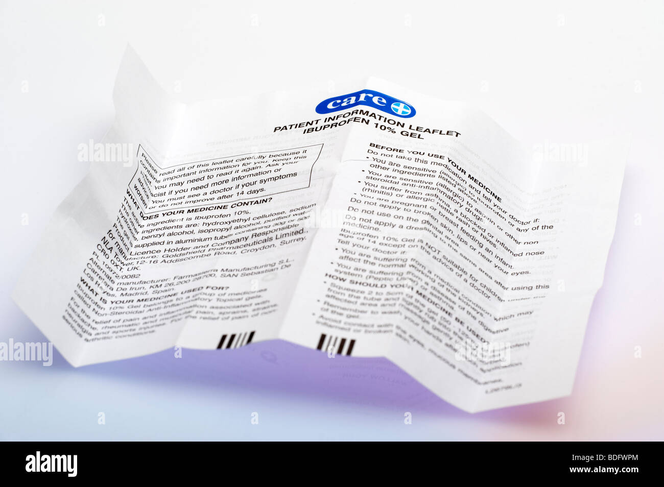 'Patient instruction' leaflet on the usage of Ibuprofen 10% gel Stock Photo