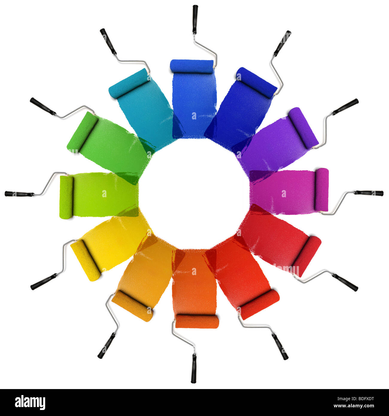 Paint Rollers with color wheel hues isolated over white background