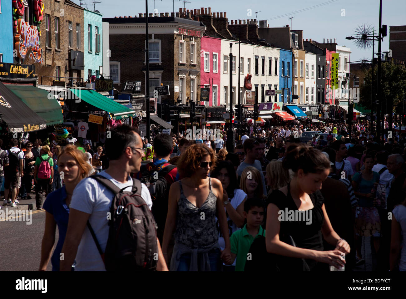 Street scene on a busy summer day on Camden High Street, London. Camden is a crowded hang out for young Londoners and tourists. Stock Photo