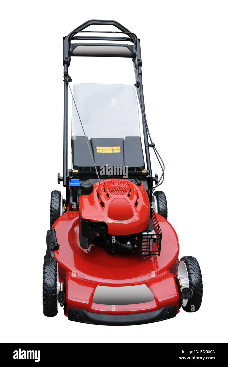 Red lawn mower isolated over white background Stock Photo