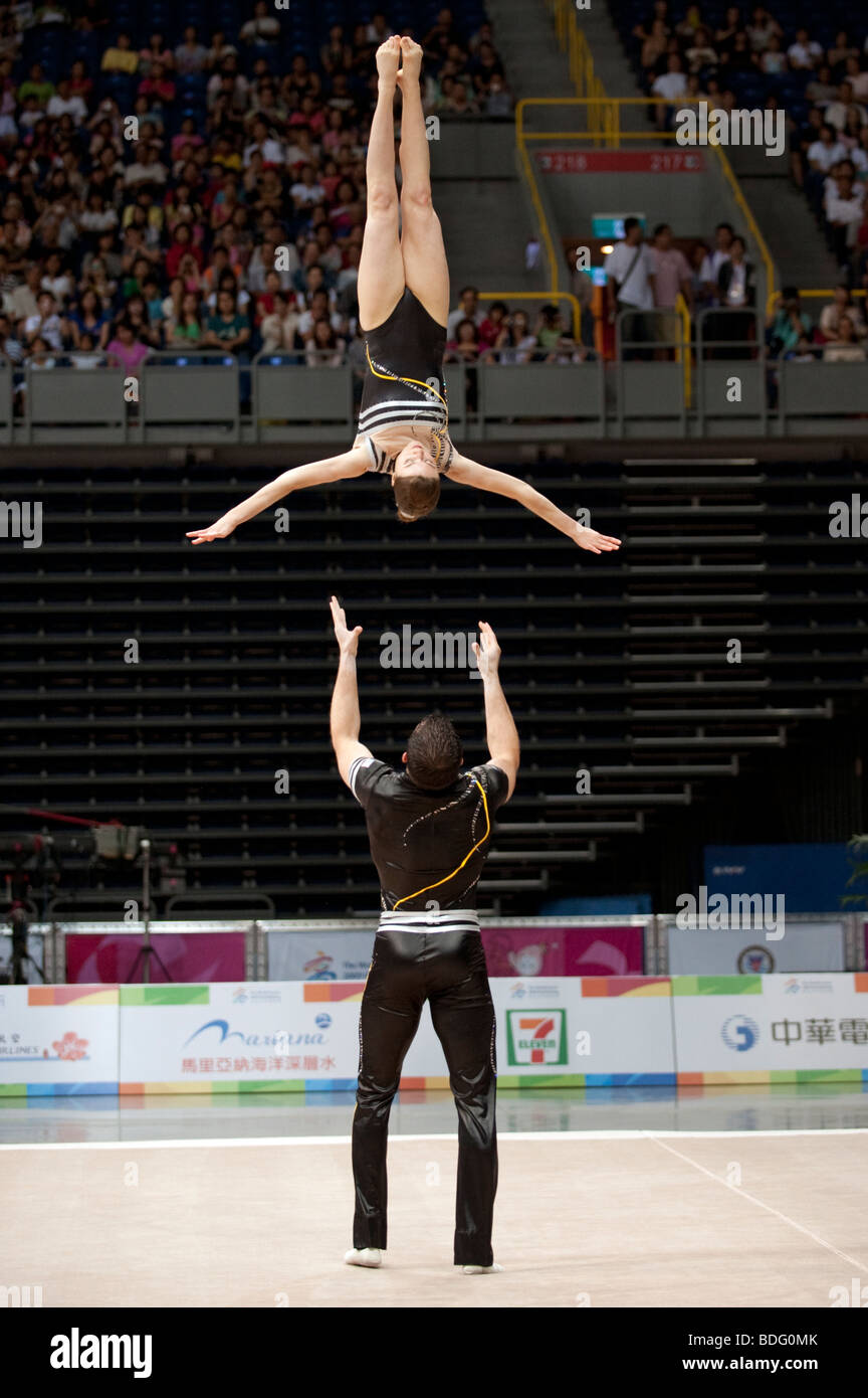 Gymnastics Acrobatics Mixed Pair competition, World Games, Kaohsiung, Taiwan, July 20, 2009 Stock Photo