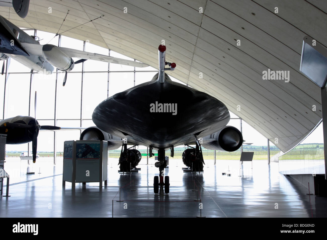 On display in the American Air Museum,Duxford,this wonderful example of the spy in the sky,the Lockheed SR-71 Blackbird aircraft Stock Photo