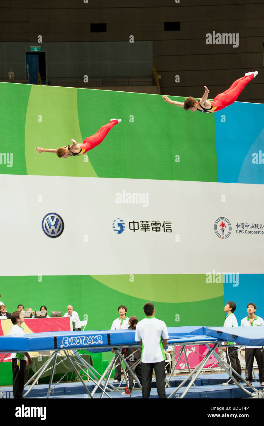 Gymnastics Trampoline Syncro Men competition, World Games, Kaohsiung, Taiwan Stock Photo
