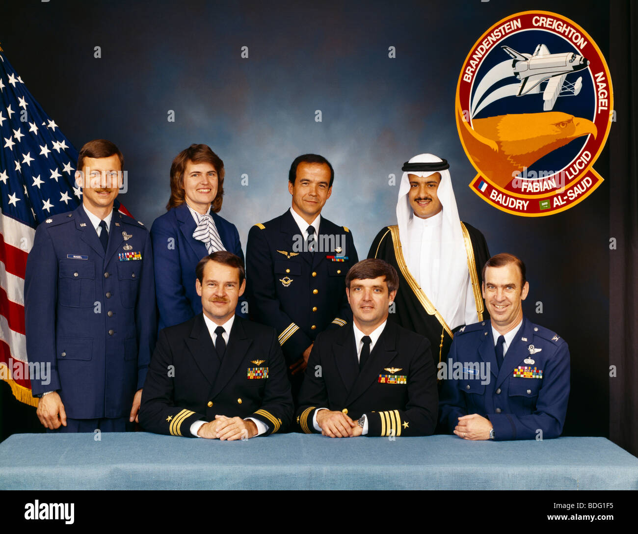 Portrait of the Crew of the Fifth Flight of Space Shuttle Discovery STS-51-G 18th Flight of NASA's Space Programme - Daniel C. Brandenstein, John O. C Stock Photo