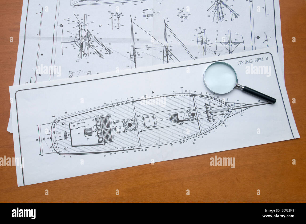 Construction plan of a model of old ship Stock Photo