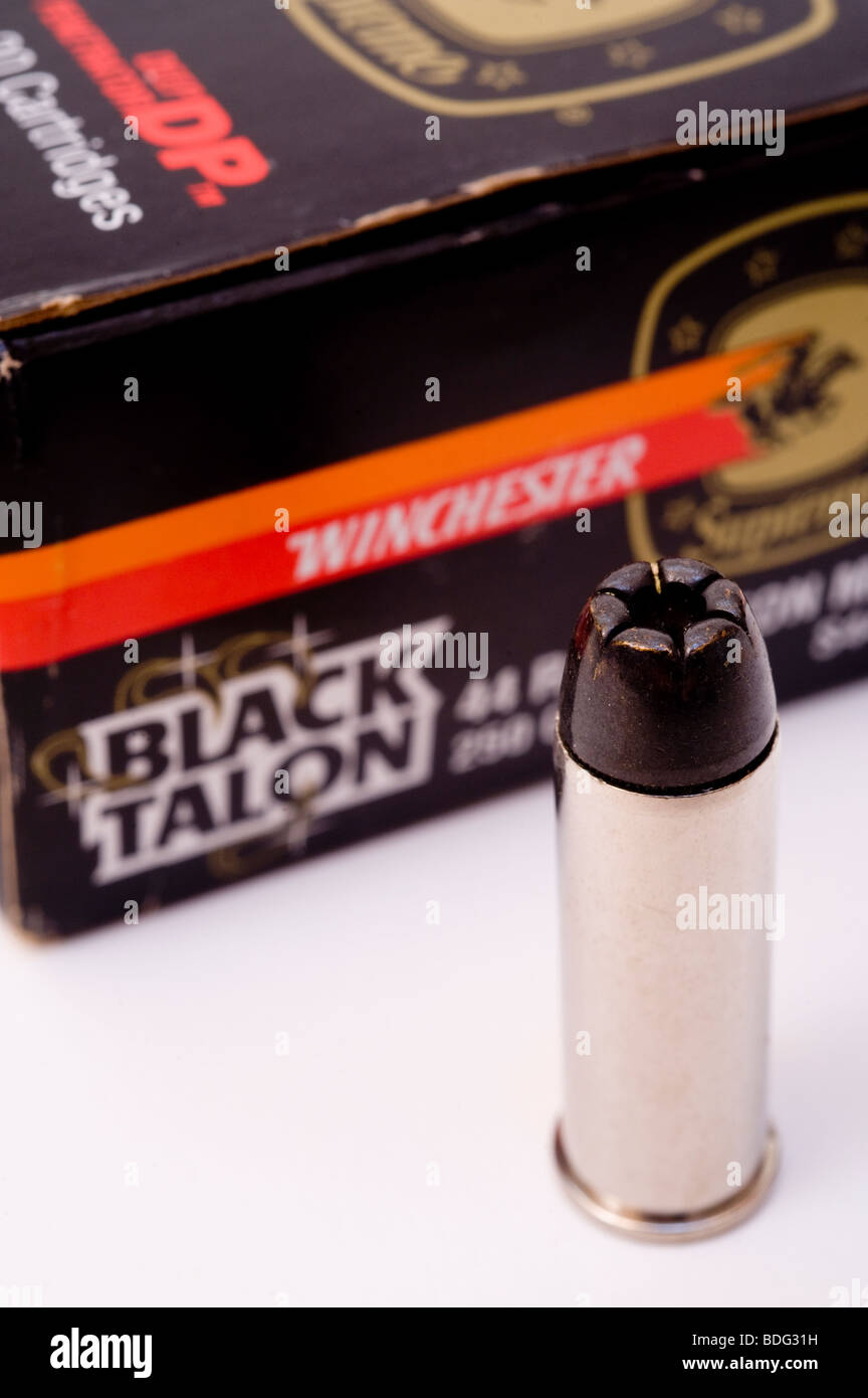 Studio shot of the .44 magnum Black Talon line of ammunition that in the 1990's was labeled as the'cop killer' Stock Photo