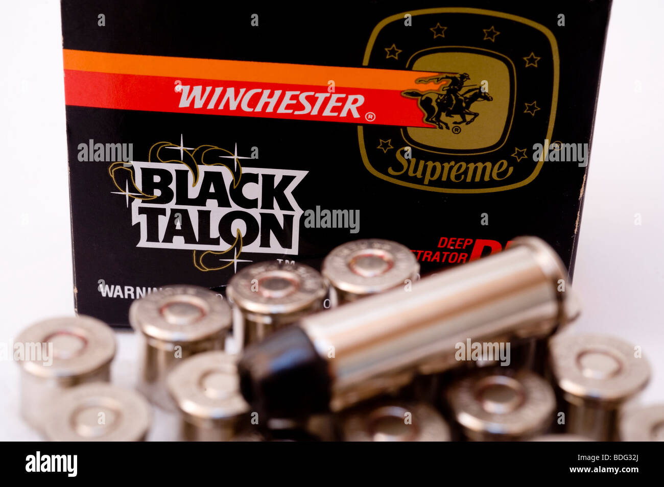 Studio shot of the .44 magnum Black Talon line of ammunition that in the 1990's was labeled as the'cop killer' Stock Photo