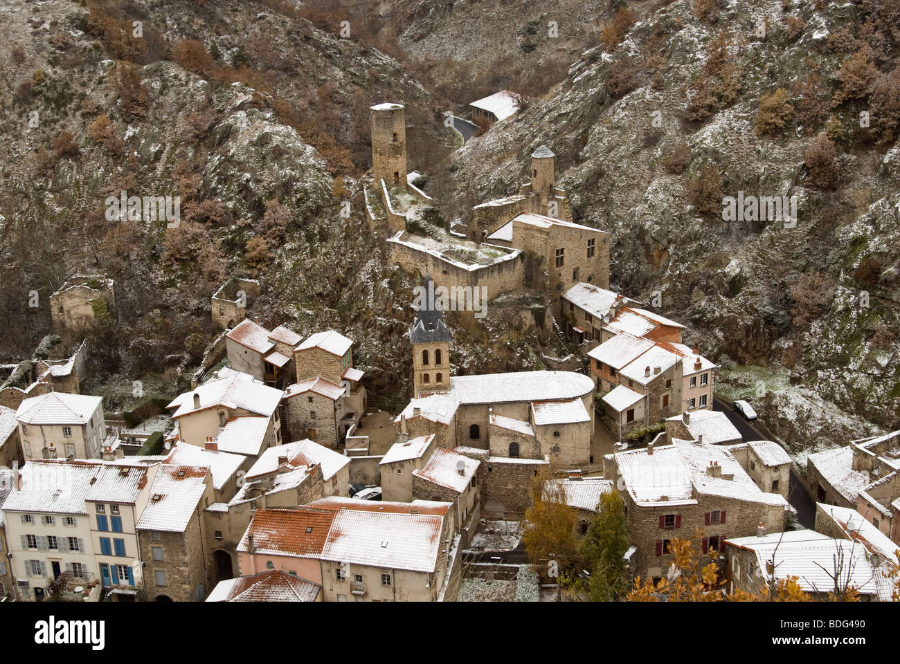 Saint Floret, listed one of the 'Most beautiful villages in France', covered in snow, Puy-de-Dôme, Auvergne, France Stock Photo