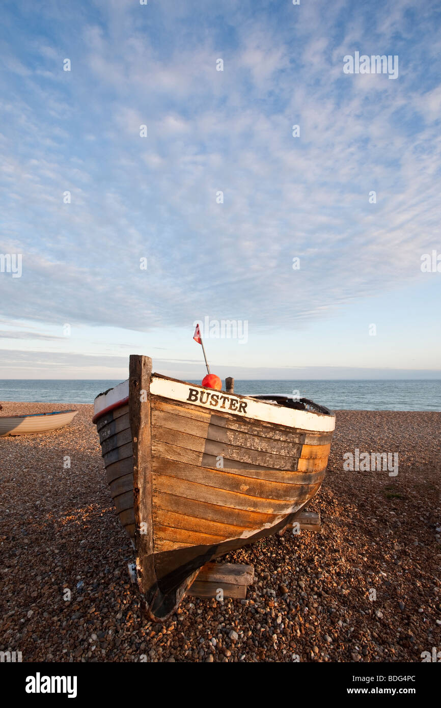 Rowing boat on seafront. Brighton and Hove, East Sussex, England, UK Stock Photo