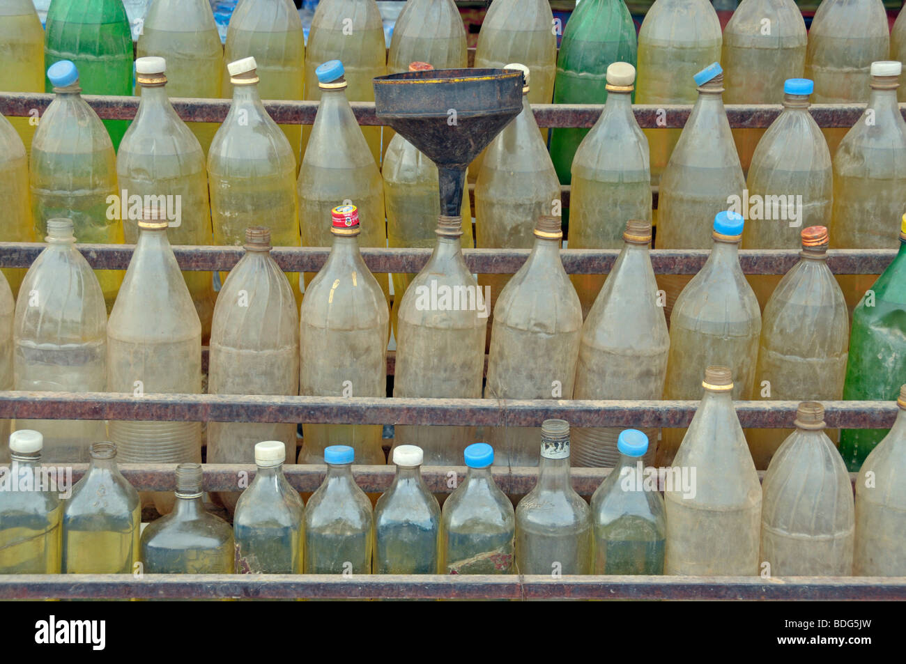 Gas station, petrol in plastic bottles, Koh Chang, Thailand, Asia Stock Photo