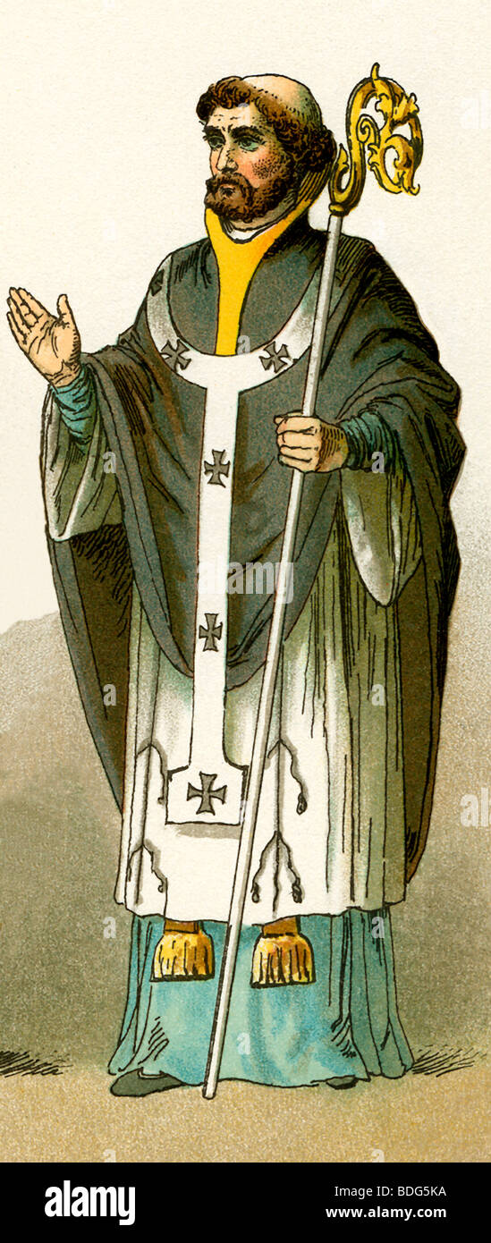 This illustration, dating to 1882, shows an Anglo-Saxon bishop in A,.D. 900. Stock Photo