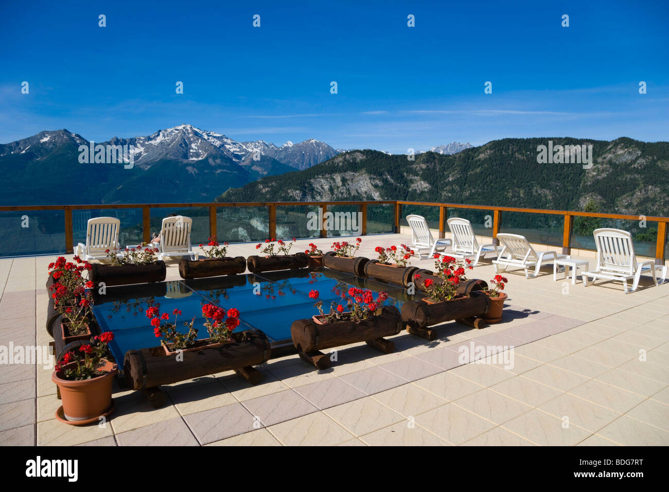 Mountain view from the terrace of Dalai Lama Village, camping club, Chatillon, Cervino Valley, Aosta Valley, Valle d'Aosta, Alp Stock Photo