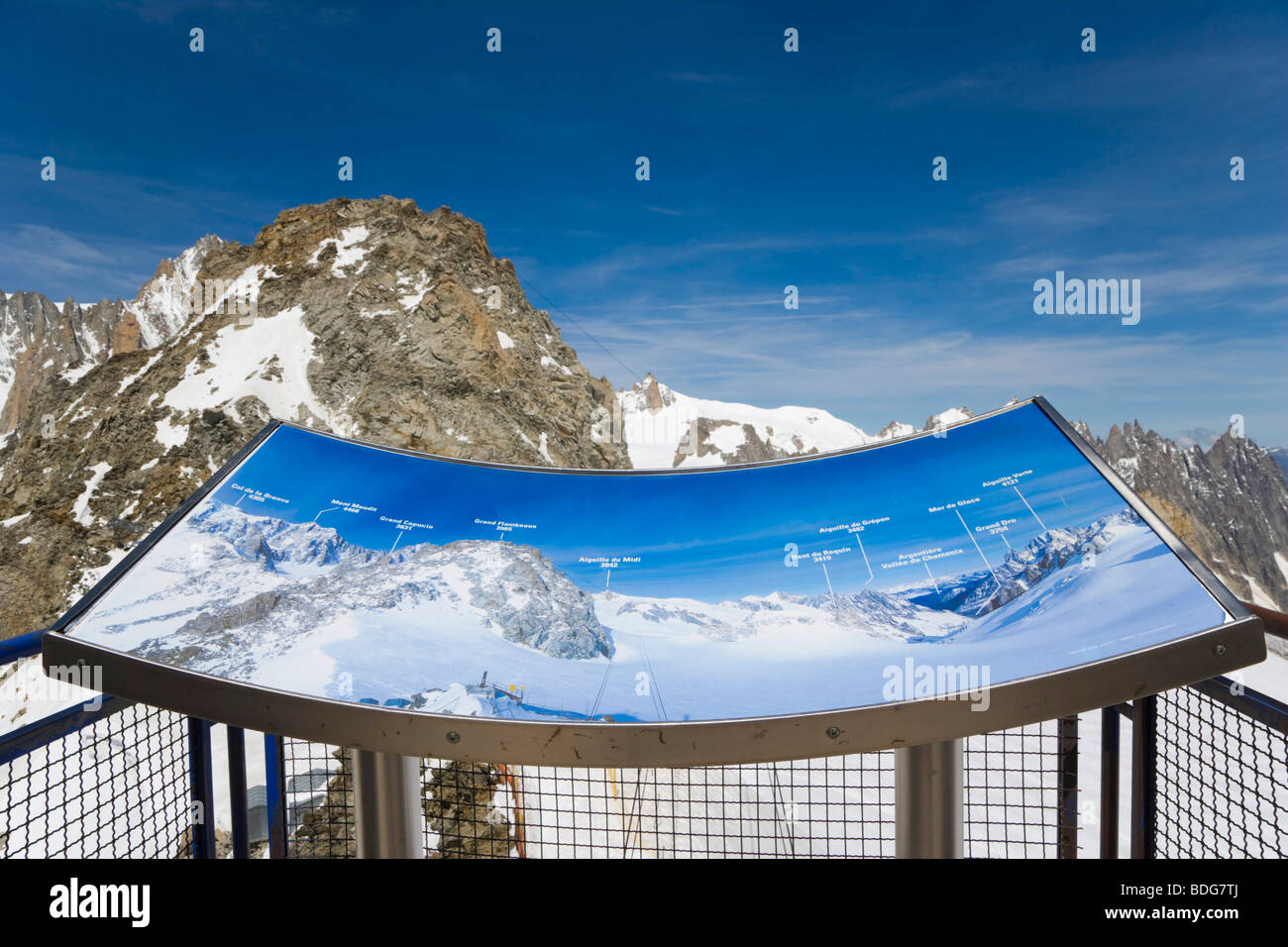 Grand Flambeaux, Aiguille du Midi from Glacier's sun terrace at Punta Helbronner, Funivie Monte Bianco, Mont Blanc funicular, M Stock Photo