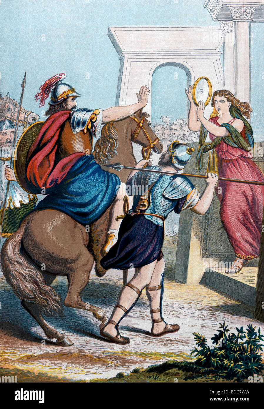 Illustration of Jephthah Meeting his daughter from the Christian Welsh Bible from Old Testament and Nevi'im Stock Photo